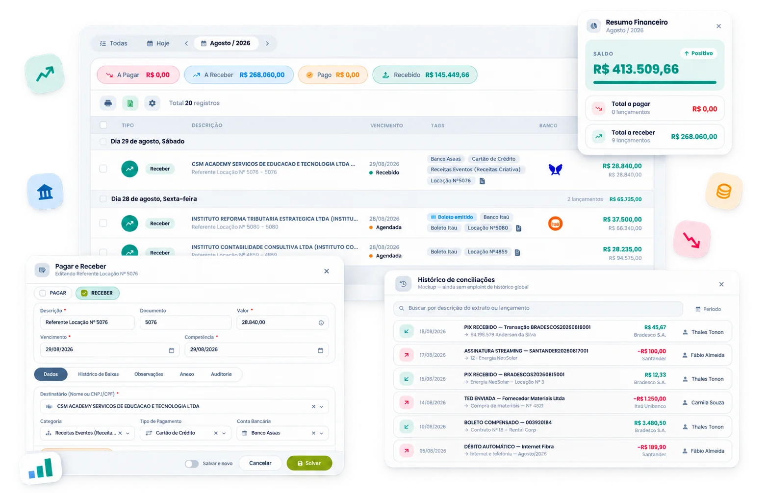 Painel financeiro do Nixloc com contas a pagar, receber e conciliação